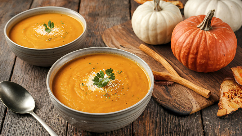 Pumpkin soup and pumpkins on table