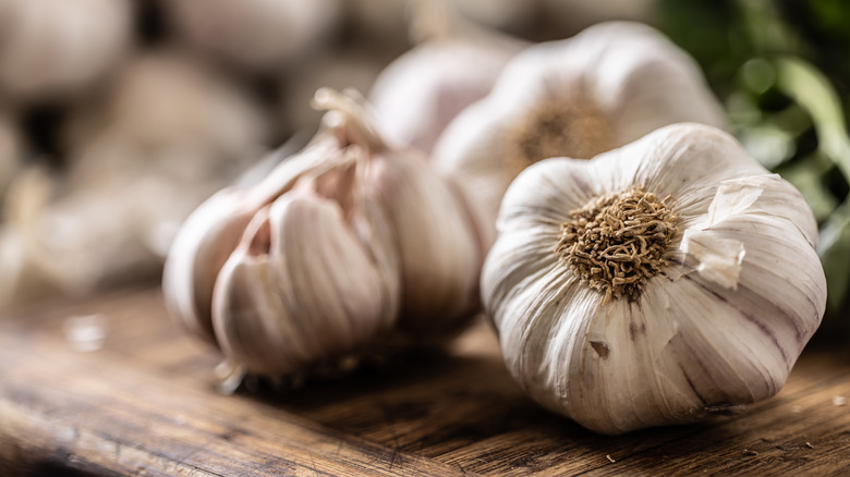 Large garlic bulbs in a wooden board in close-up.