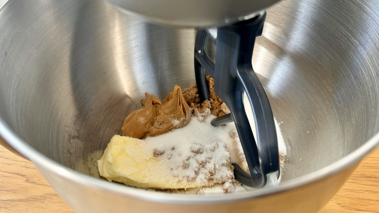 Peanut butter, butter, and sugar in a stand mixer