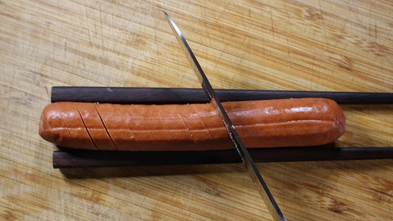 slicing hot dog at 45 degree angle