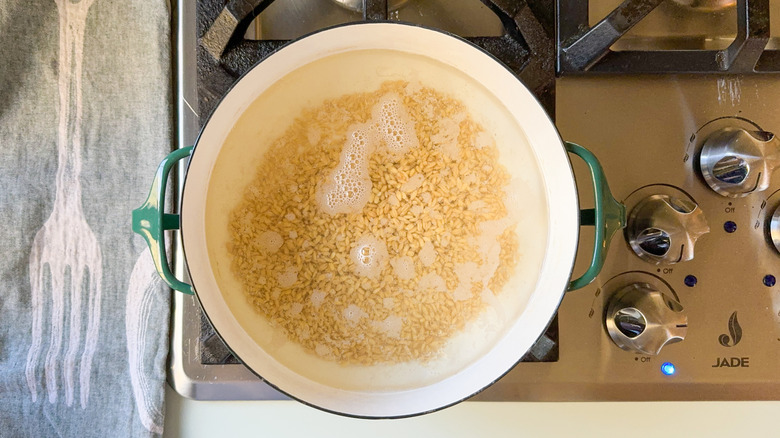 Pearl barley cooking in pot on stovetop