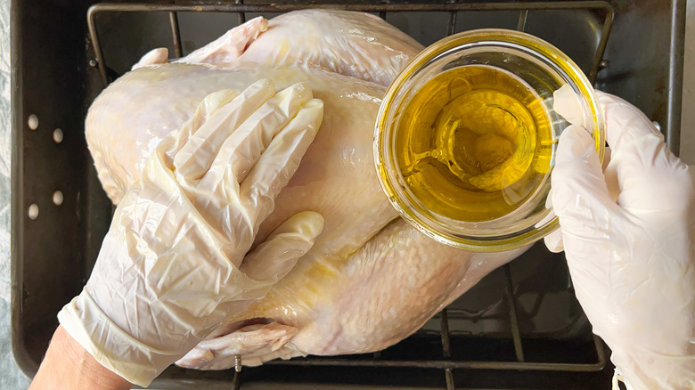 Rubbing whole turkey with olive oil using gloves