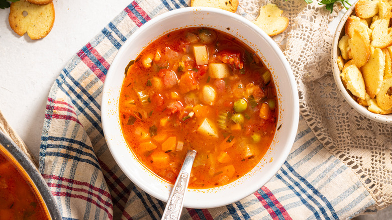 A bowl with tomato and herb vegetable soup