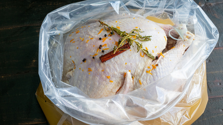 A whole turkey sits in a brining solution in a plastic bag.