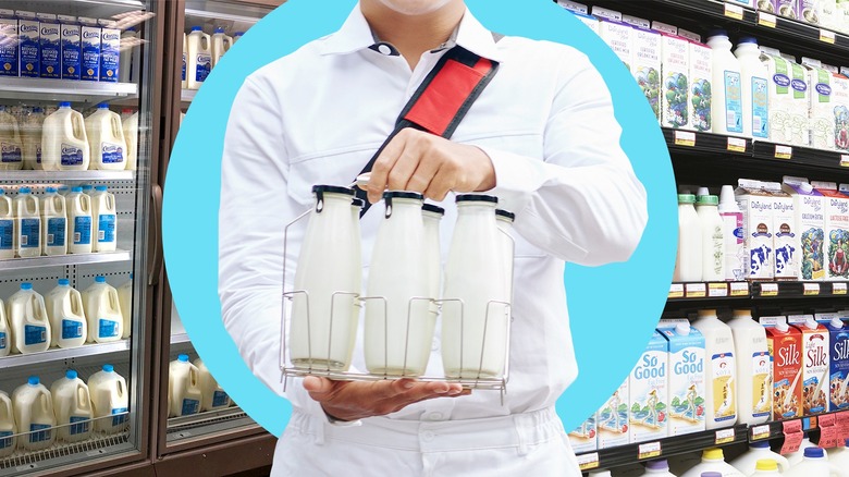 Milkman holding glass milk bottles