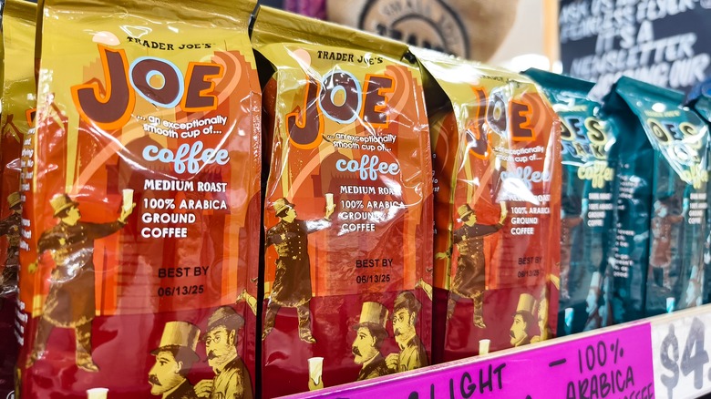 Trader Joe's orange coffee bags on shelf