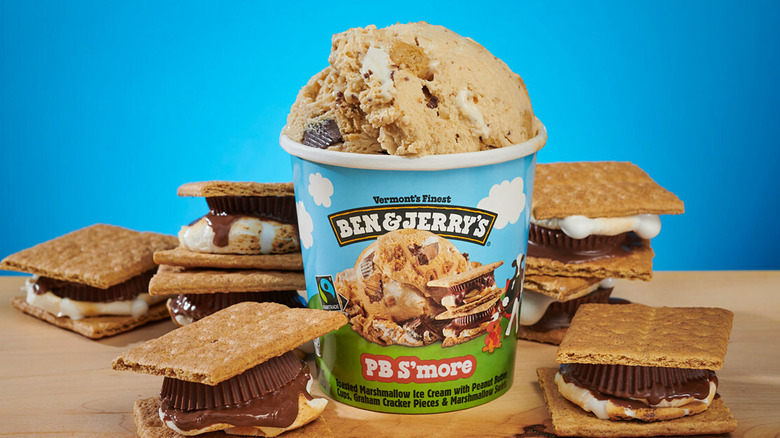 Pint of Ben & Jerry's PB S'more surrounded by peanut butter cup s'mores.