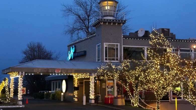 Exterior view of Salty's at night