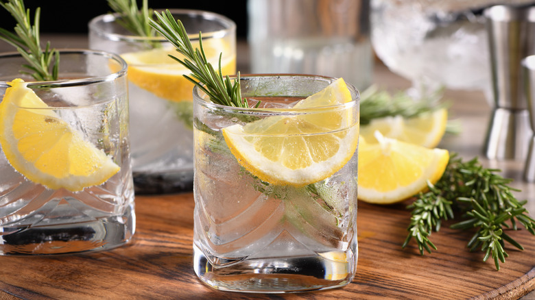 glass with clear liquid, lemon slice and rosemary