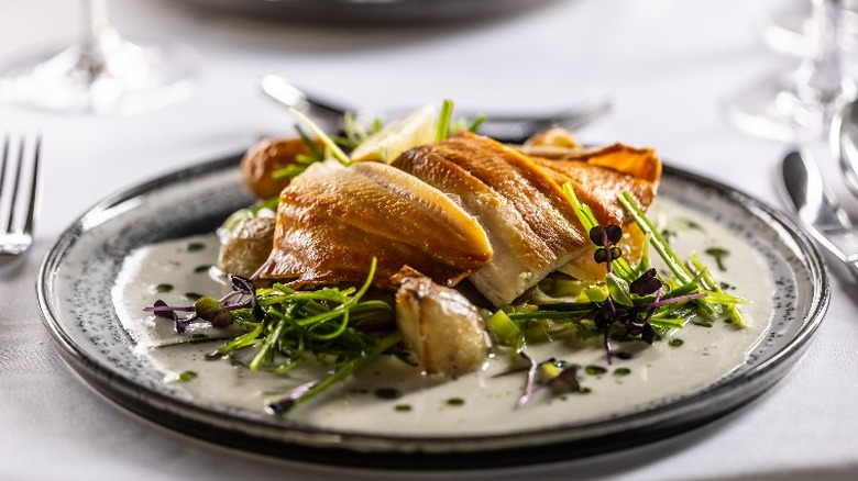 Plate of seafood in beurre blanc sauce