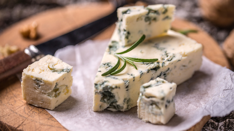 A slice of French Roquefort cheese.