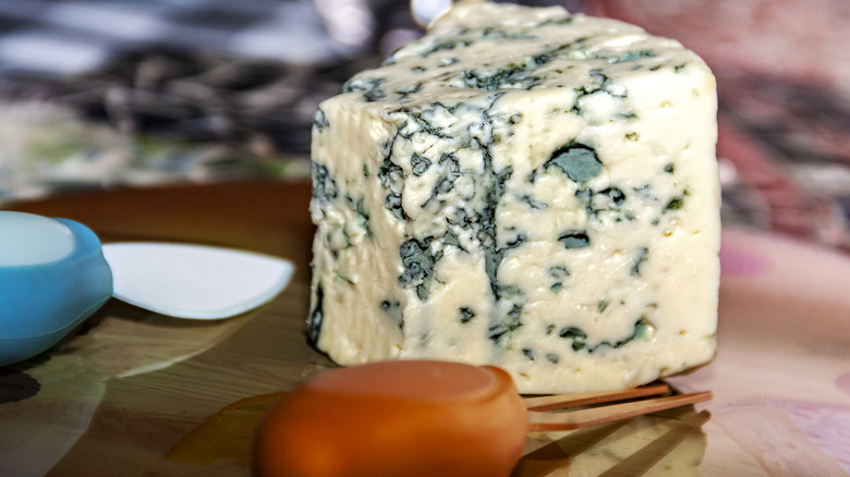 A piece of Gorgonzola cheese.