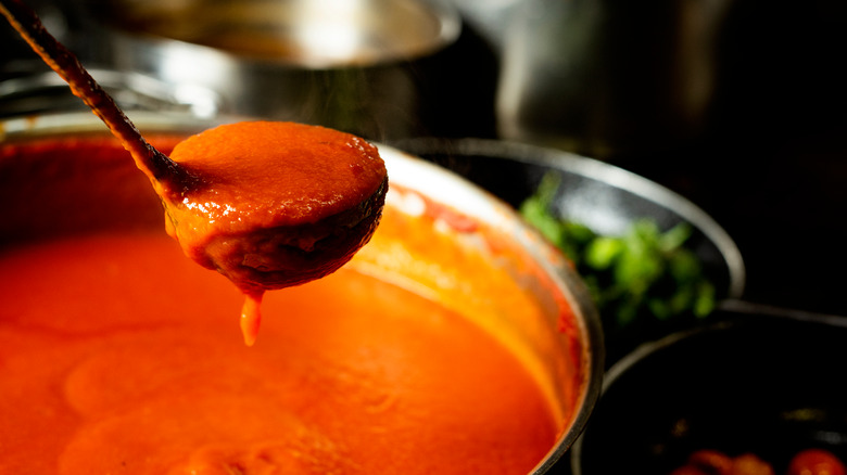 Ladle and pot full of tomato sauce. 