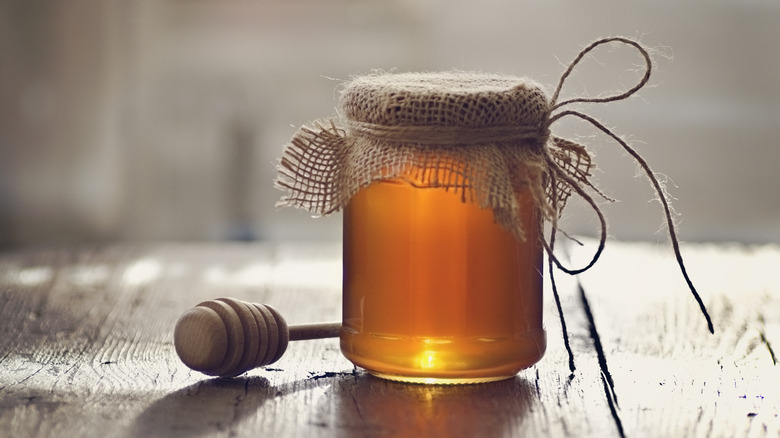 Jar of honey topped with twine cloth and honey dipper