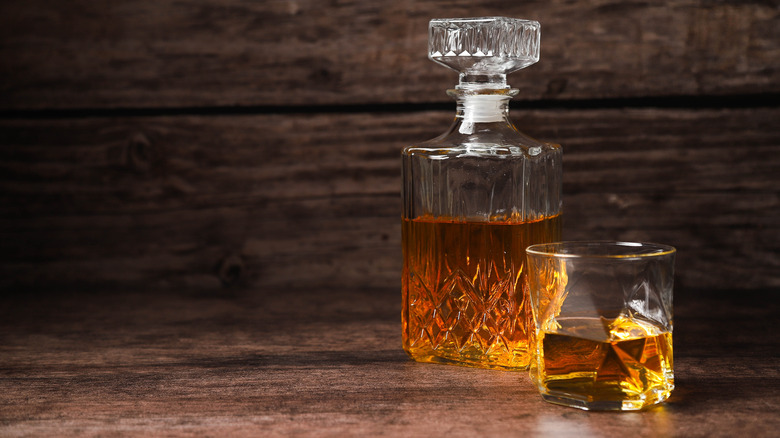 Bourbon in a decanter and rocks glass