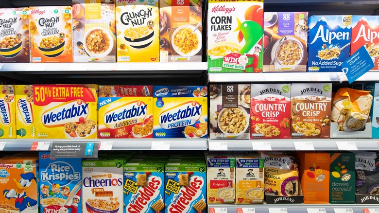 Cereal boxes on store shelves