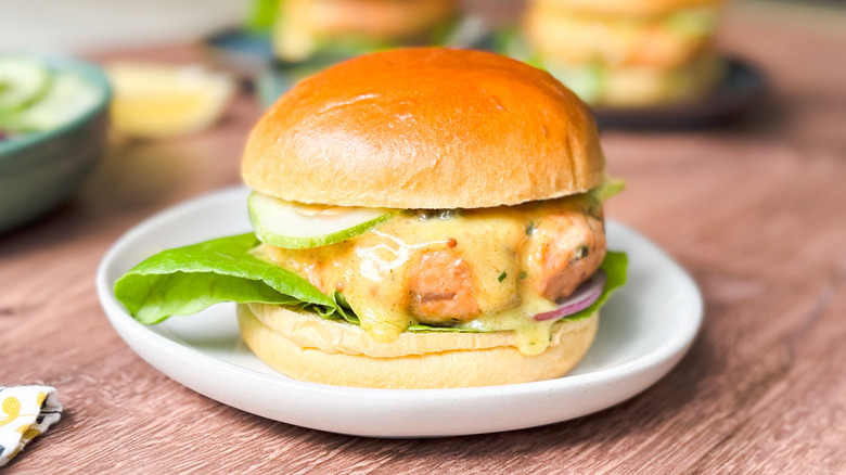 Broiled salmon burger with curry remoulade