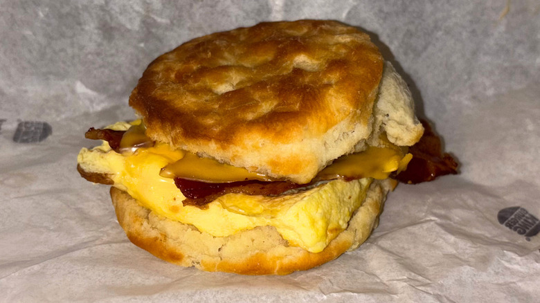 Bacon, egg, and cheese biscuit breakfast sandwich