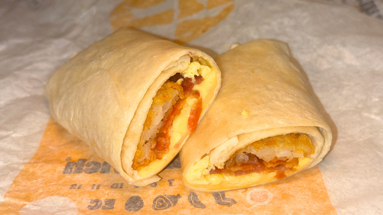 Bacon, egg, cheese, hash brown breakfast burrito