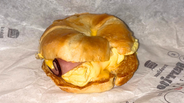 Ham, egg, and cheese croissant breakfast sandwich.