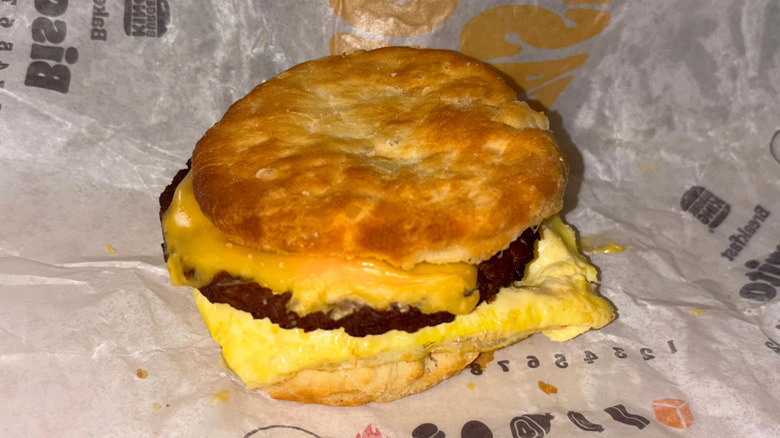 Sausage, egg, and cheese biscuit breakfast sandwich