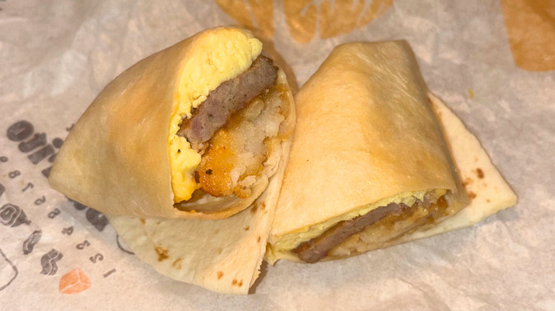 Sausage, egg, cheese, and hash brown breakfast burrito
