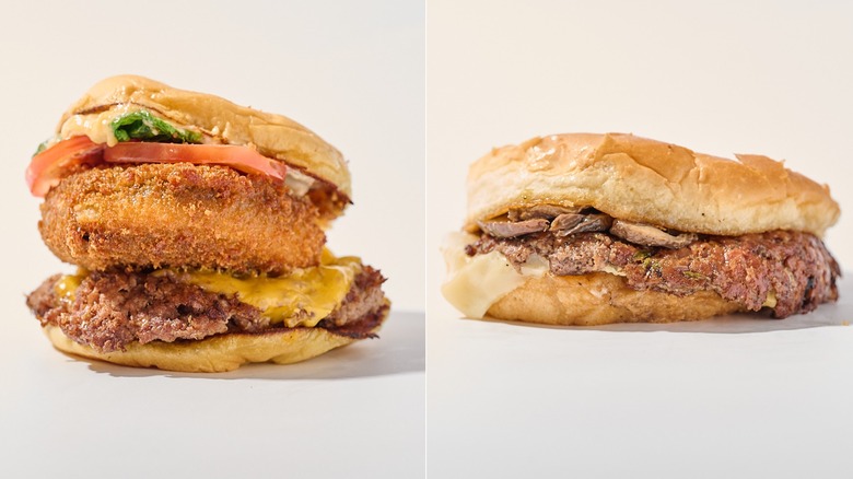 Fried mushroom burger and mushroom swiss burger on a table
