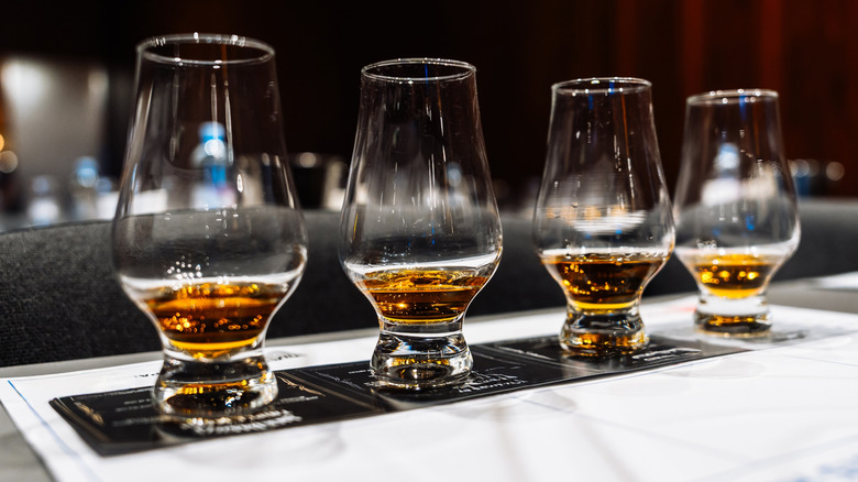 A row of whiskey in tasting glasses