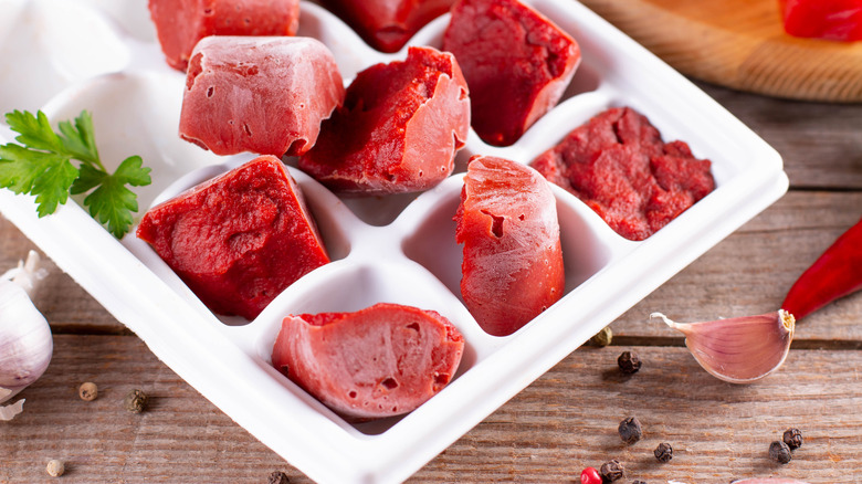 Frozen ketchup in an ice cube tray