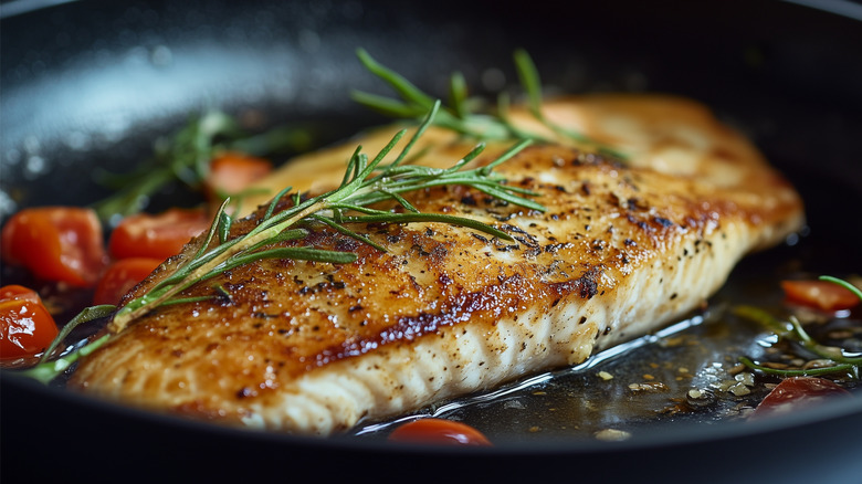 cooked white fish in a pan with rosemary