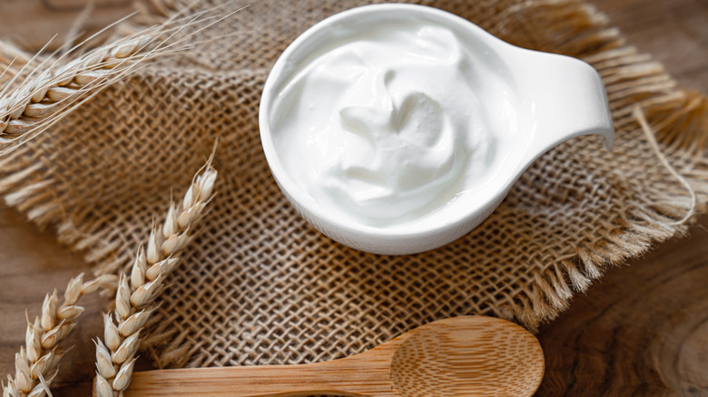 A small bowl of sour cream with a wooden spoon