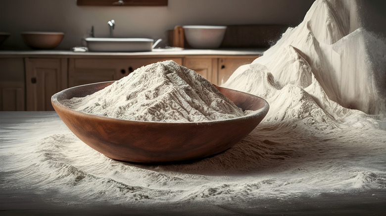 Bowl of flour on a kitchen countertop