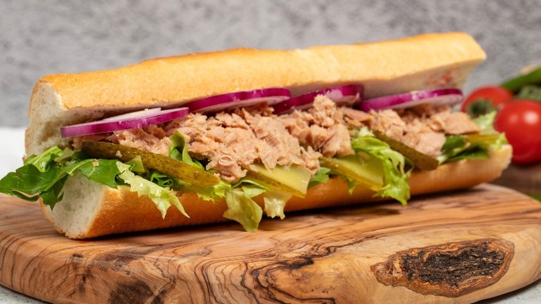 Tuna salad sandwich served on a sub roll