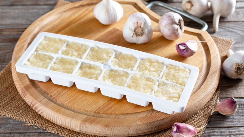 Minced garlic in an ice cube tray for freezing