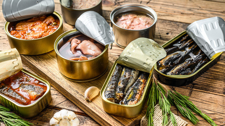 Tins of various canned seafood options