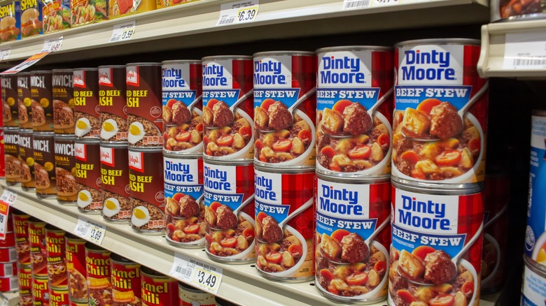 Shelves of Dinty Moore Stew