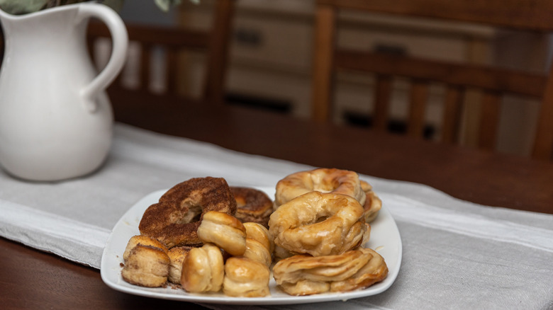 Donuts on plate on counter