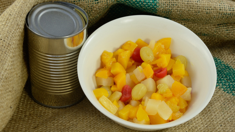 Canned fruit salad in bowl