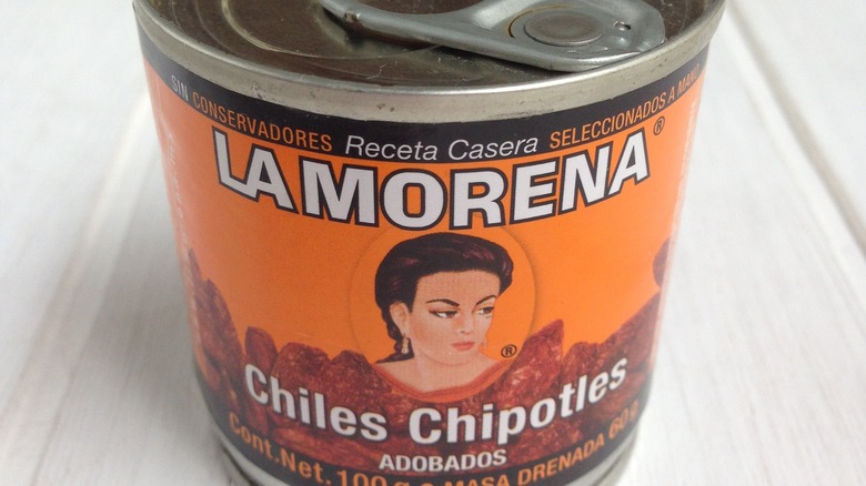 Close up can of La Morena chipotle peppers