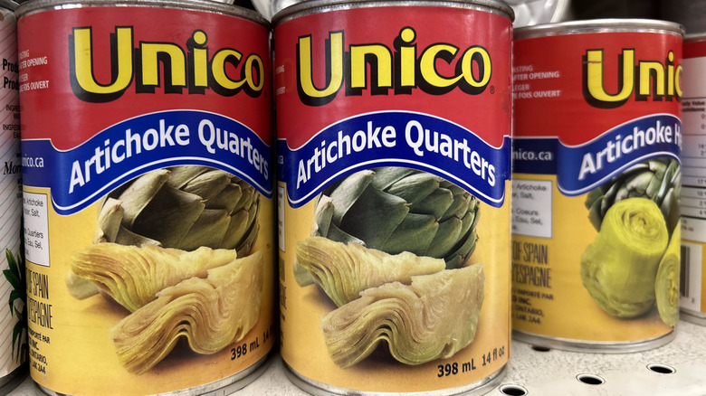 canned artichoke quarters on shelf