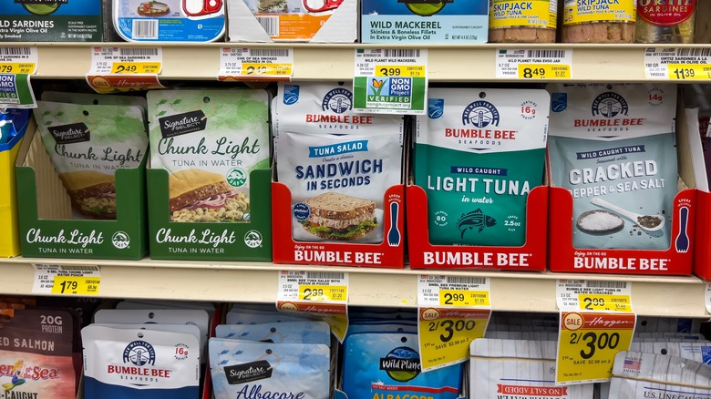 Pouch tuna on shelves