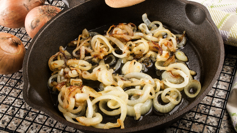 caramalized onions in cast iron pan