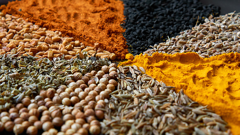 A variety of whole spice seeds and powdered seasonings