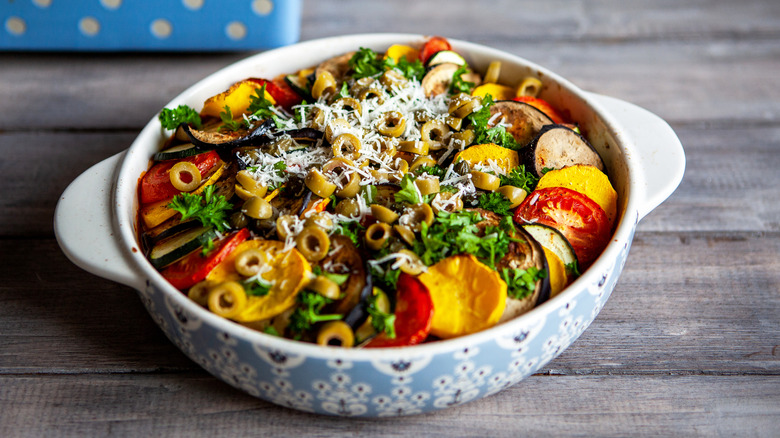 dish of ratatouille on wood surface