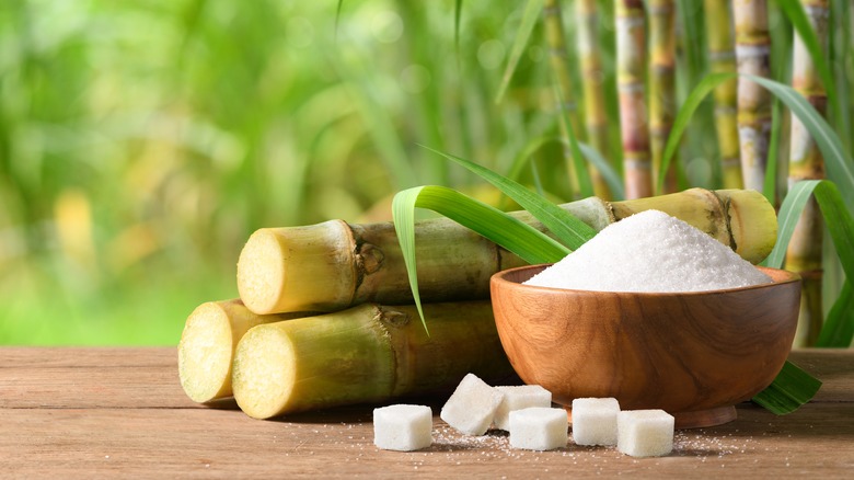 A bowl of sugar next to sugarcane