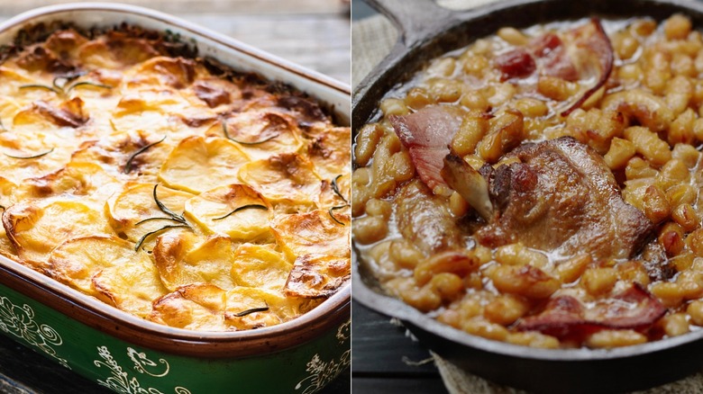 Potato casserole in a green dish and cassoulet in skillet