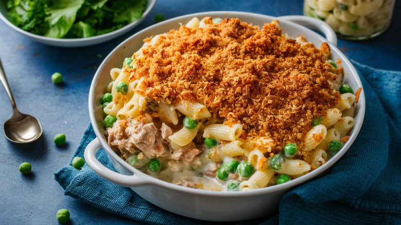 tuna casserole with penne and peas and a crispy top