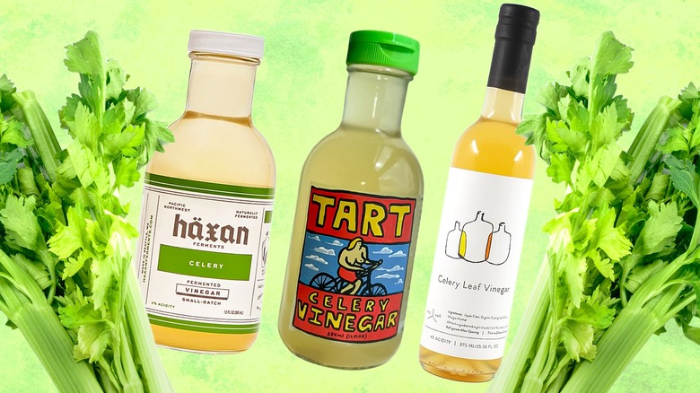 Bottles of celery vinegar with celery stalks