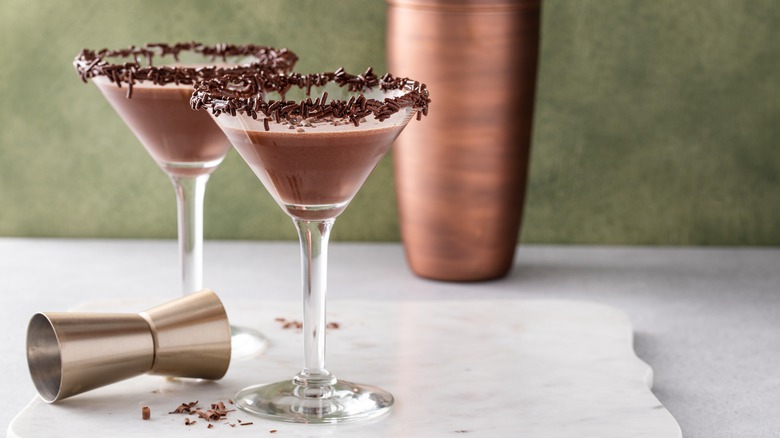 Two chocolate martinis with cocoa sprinkle rims