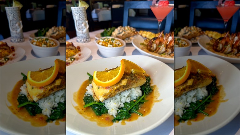 Halibut on rice at Bonefish Grill